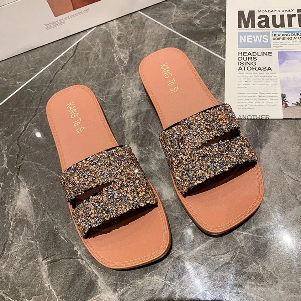 

2021 summer new casual women's slippers, wear rhinestone soft bottom fashion women's flip flops inside and outside