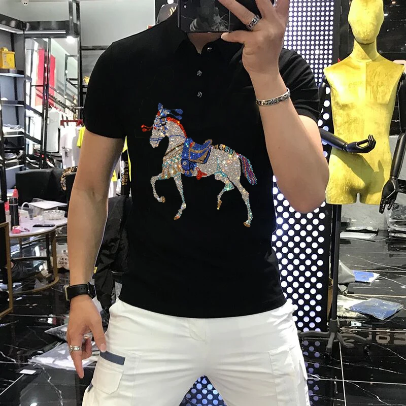 

Summer Men's T-Shirt Horse Hot Diamond Craft Pure Cotton Breathable Polo Sweatshirt Popular Fashion Tops Streetwear