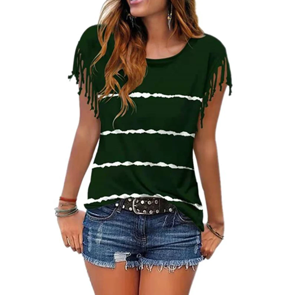 

Tassel Short Sleeve Tshirts Woman Striped O Neck Women Tops Casual Tees Loose T Shirt Female Tops Summer