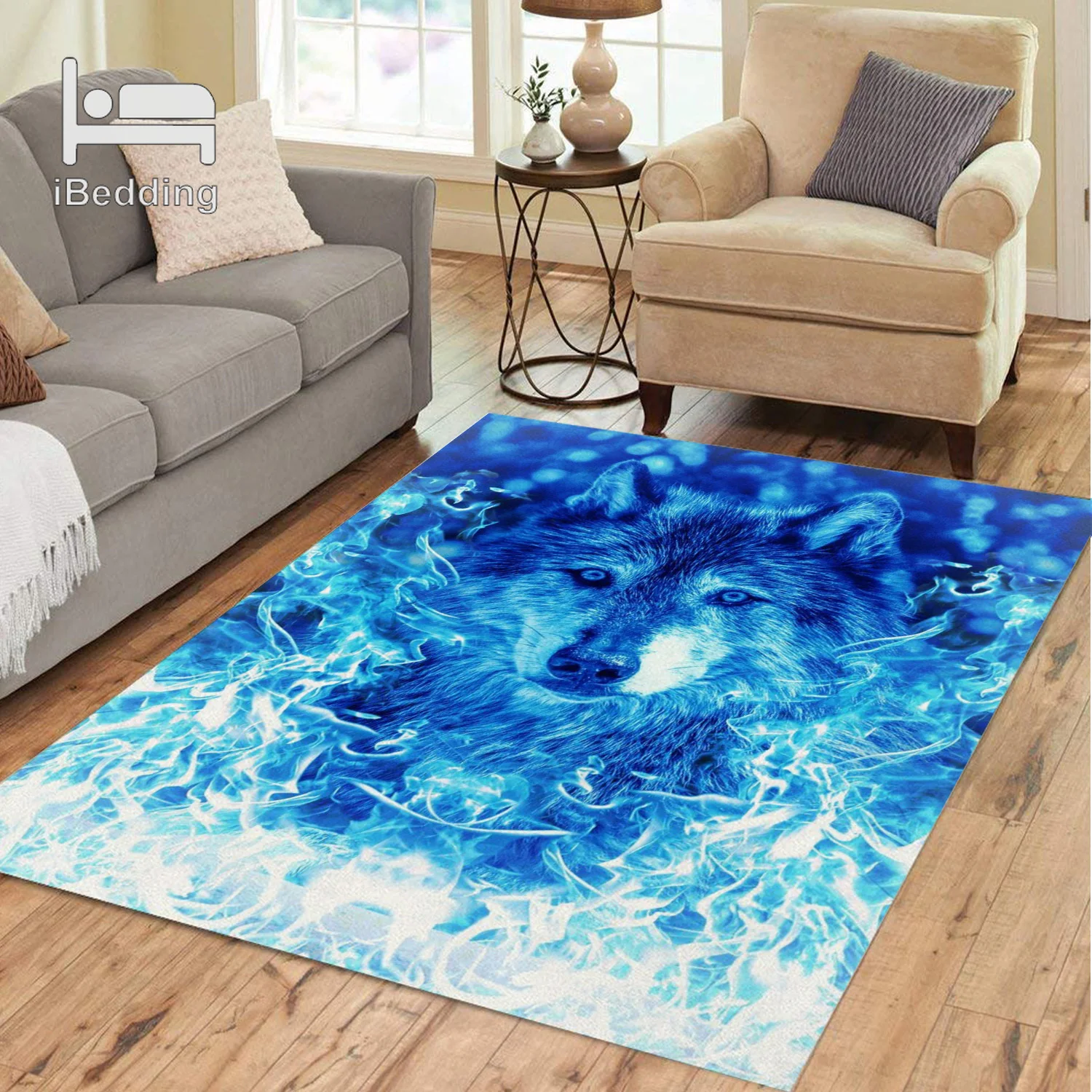 Коврик с лицом злого волка и красными глазами Синий огненный ковер домашний