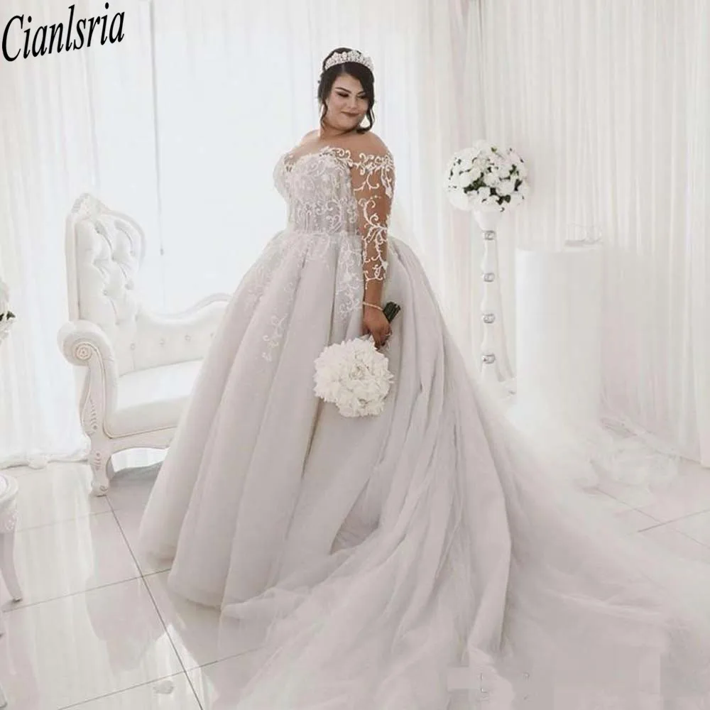 

2021 размера плюс, свадебные платья Длинные Иллюзия рукава Кружева Аппликация драгоценный камень, из прозрачной ткани вышитое бисером, для не...