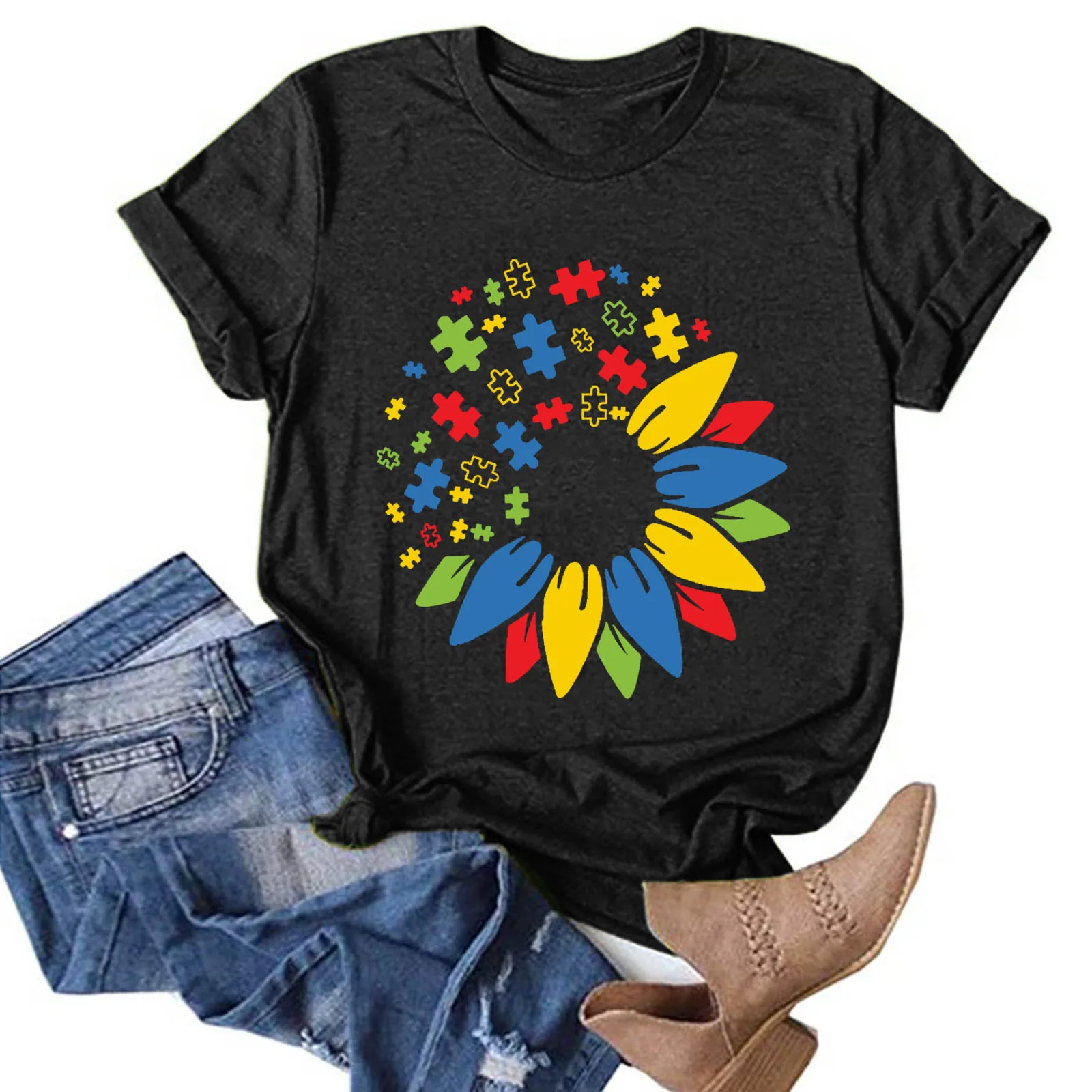 

Women Casual Short Sleeve Round Neck Sunflower Splicing Printing T-Shirt Solid Color Blouse Top Daily All-match Girls T-shirt