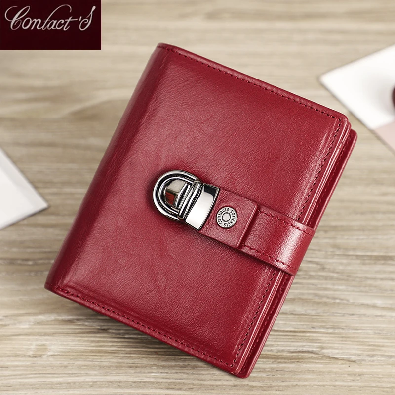 Short Wallet Women Leather Purse Mini RFID Blocking Small Card Holder Female Zipper Coin Pocket Lock Buckle Red Bifold Wallets