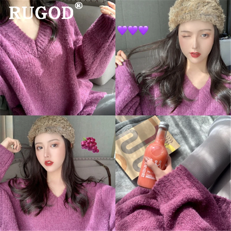 

RUGOD Winter knitted soft women sweater 2019 Korean chic V neck long sleeve warm oversized pullovers female Fashion purple wear