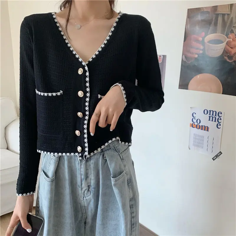 Женский вязаный кардиган с V образным вырезом и длинным рукавом| |