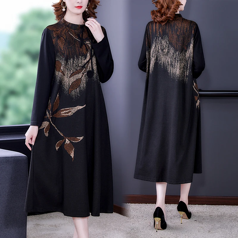 

2021Autumn WinterBlack Knitted Jacquard Midi Dress Women Vintage Loose L -5XL Plus Size Maxi Dress high quality Elegant Vestidos