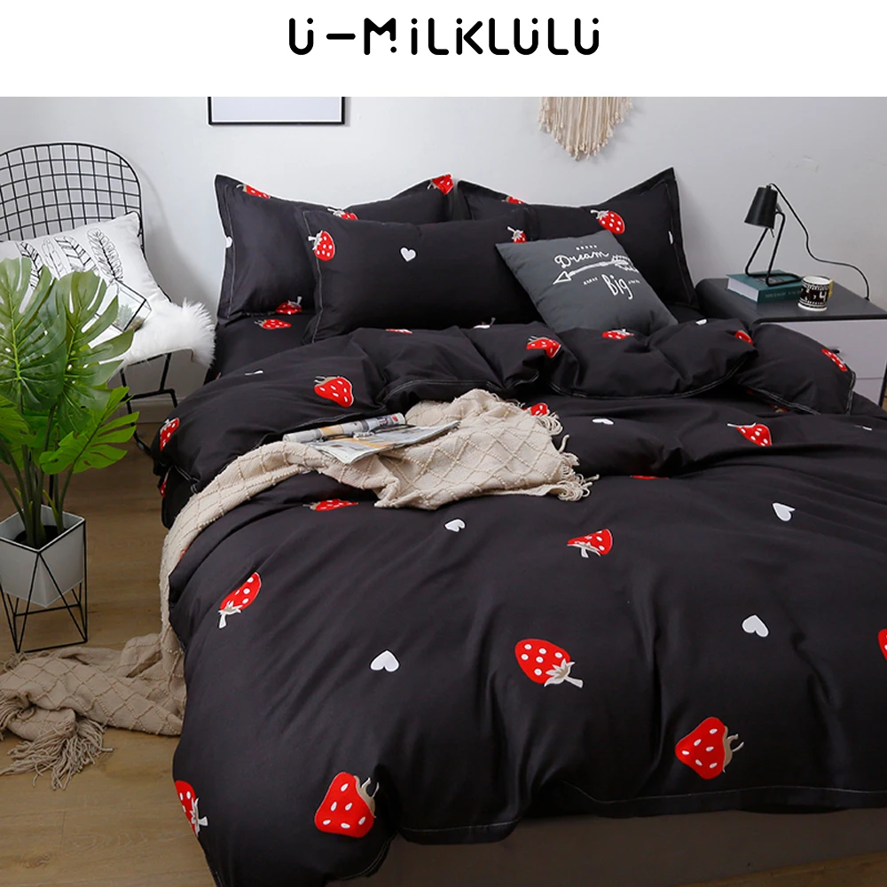 

Strawberry Bedding Set Kawaii Sheet Set 150 Single Double Queen King Size Elastic Duvet Cover Pillowcase Black Bed Comforters