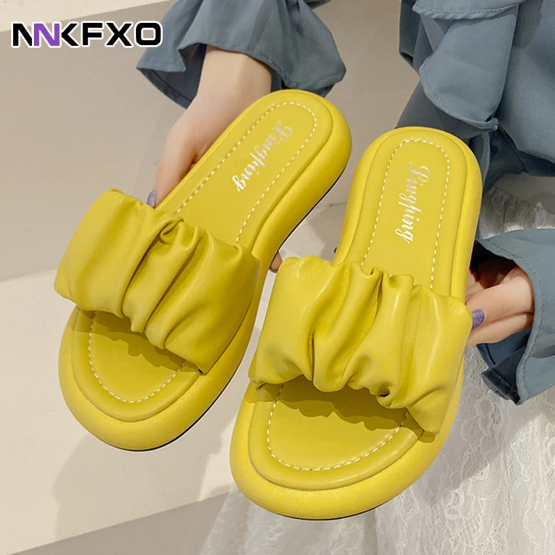 

2022 Summer Women Slipper Ladies Outdoor Elegant Folds Slides Sandals platform non-slip On High Quality Slipper vc3275
