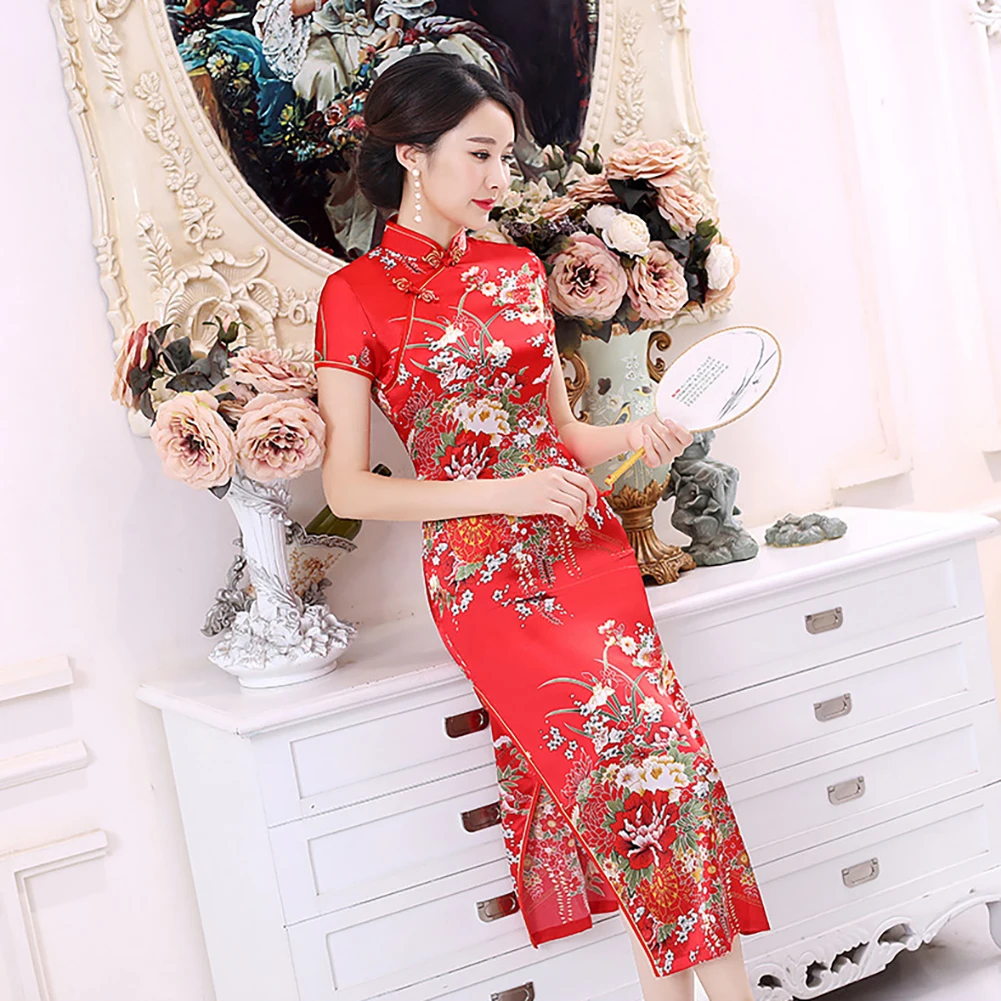 Китайское платье Ципао парча чонсам цветочный принт воротник стойка короткий