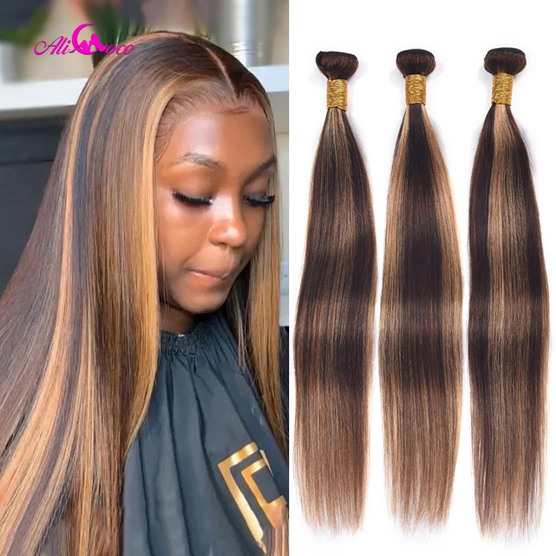 Feixes de Cabelo Osso em Linha Marrom com Destaque Coco Ombre Brasileiro Reta Humano p4 - 30 Cor Remy Feixes Tecer Cabelo Ali 1 High Quality Apliques e perucas
