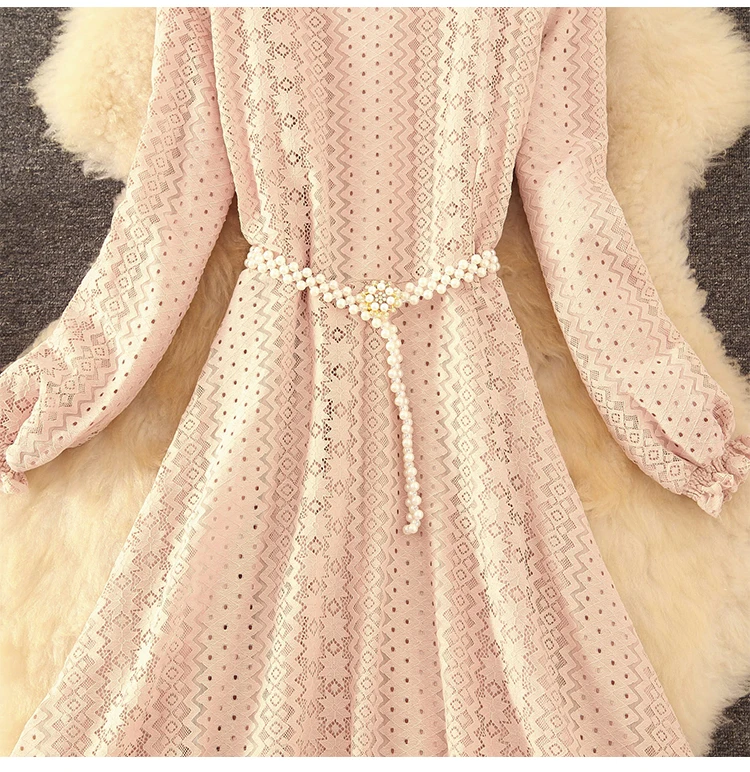 

Slim Long Midi Party Dress Spring Autumn 2021 New Sweet Pink Lace Dress Women Long Sleeve Cute Beading Belt