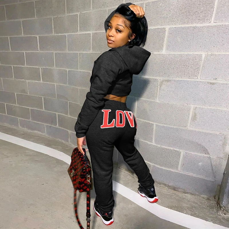 

TNNAOFF Fall Letter Two Piece Hooded Sweatshirts for Women Fashion Full Sleeve Lounge Wear Pencil Pants Joggers Matching Sets