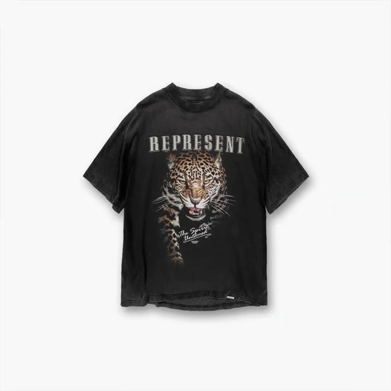 

Vintage REPRESENT THE SPIRIT UNTAMED T-SHIRT Men Women 1:1 Best Quality Wash Leopard Graphic Represent T Shirt Tops Tee
