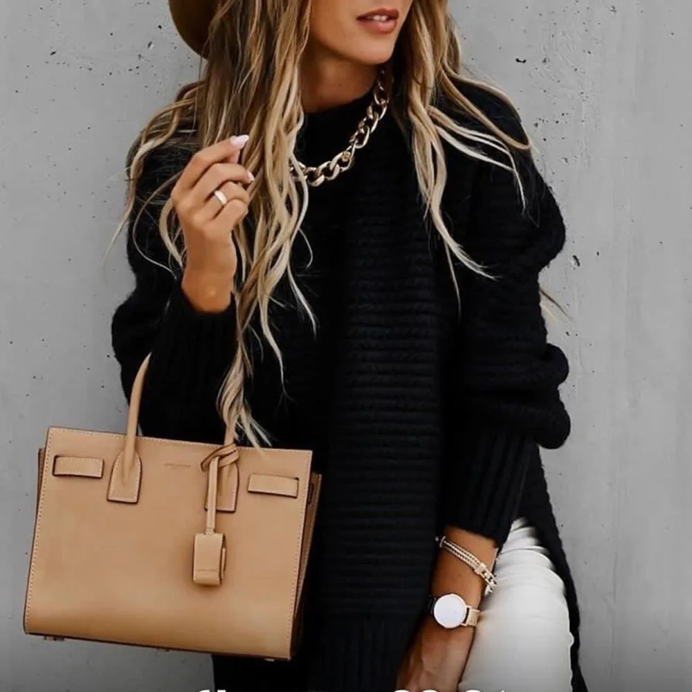 

2021 New Sweater Europe America Women's Solid Color Round Neck Split Fork Long Sleeve Fashion Casual Loose Knitted Top