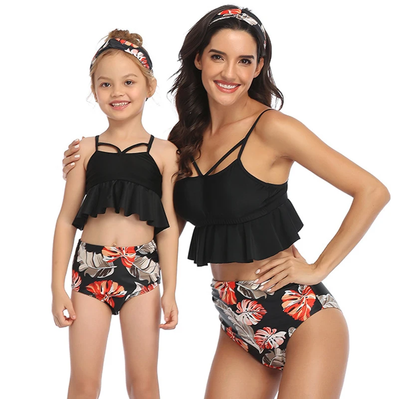 Женский купальник с оборками и принтом в виде листьев высокой талией Детский