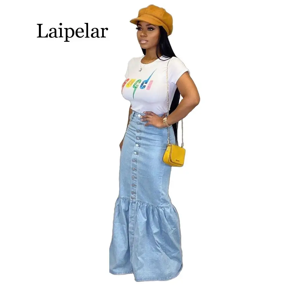 Женская длинная юбка голубая джинсовая облегающая на пуговицах с высокой талией