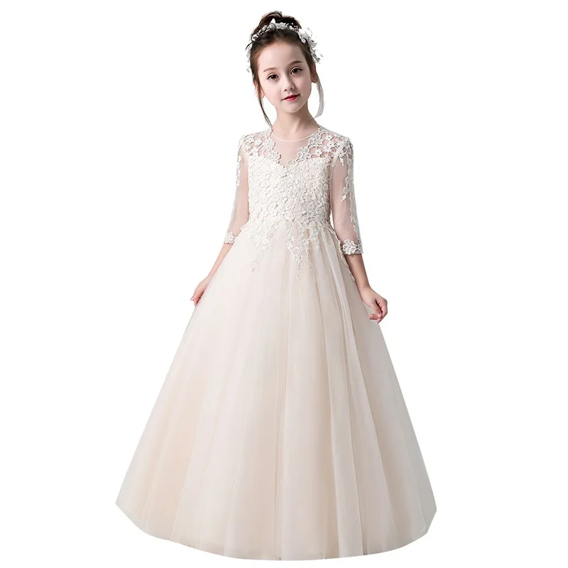 Свадебные платья для девочек с цветочным узором цвета шампанского Yiiya B037 Детское