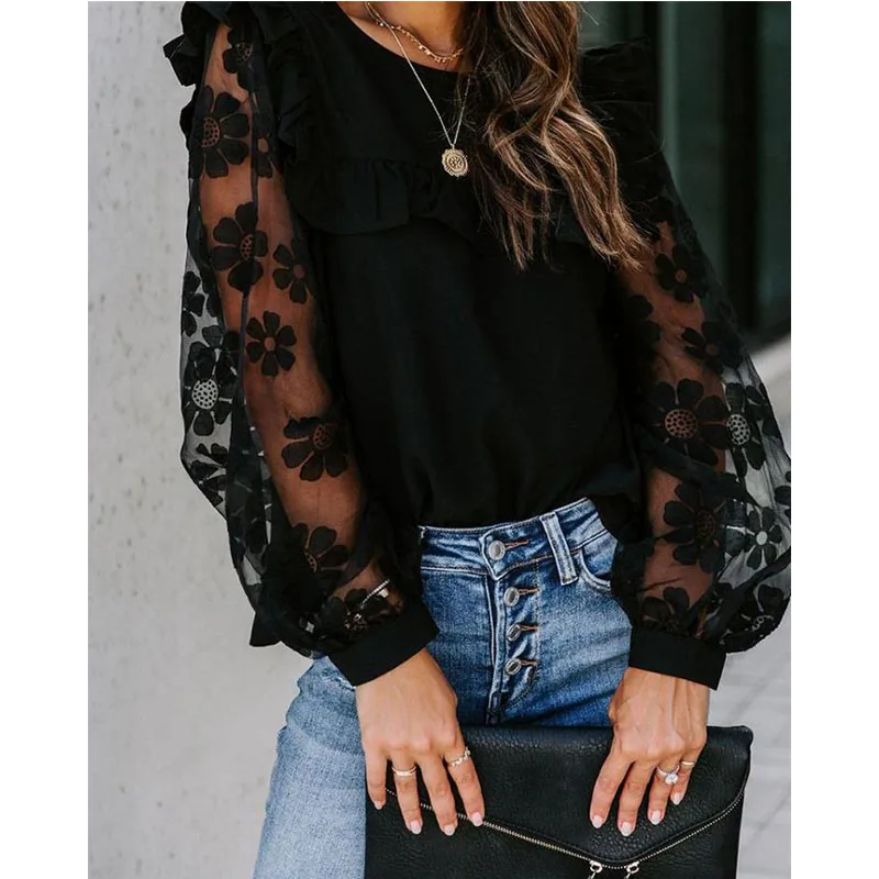 

Woman Fashion Mesh Patchwork Blouse Long Sleeve Blouse Black Lace Transparent Flower Lantern Sleeve Pullover Shirt Daily Life