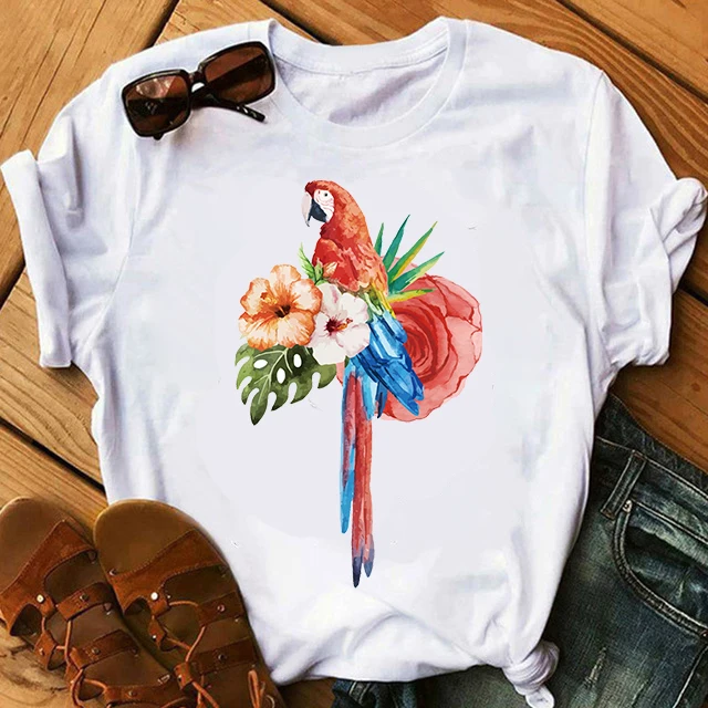 

Women 2021 Parrot Print Aesthetic Painting Vintage Summer TShirt Ladies Womens Graphic T Top Shirt Female Tee T-Shirt