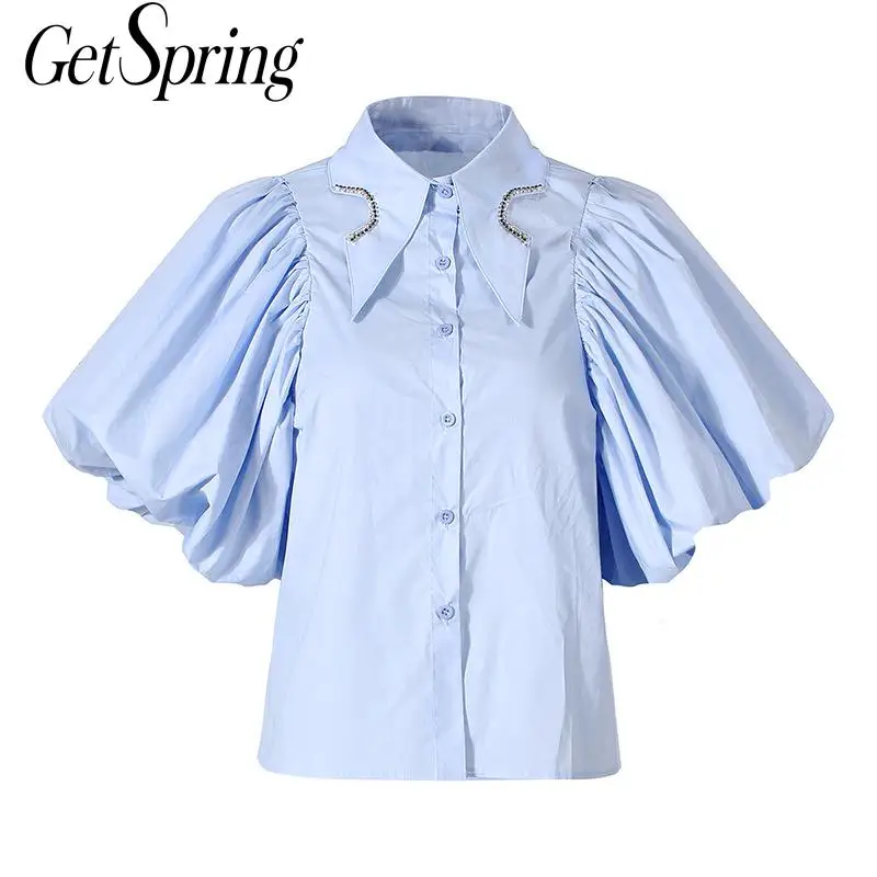 

Женская хлопковая блузка GetSpring, белая рубашка с рукавами-фонариками, со стразами, плиссированная, асимметричный подол, лето