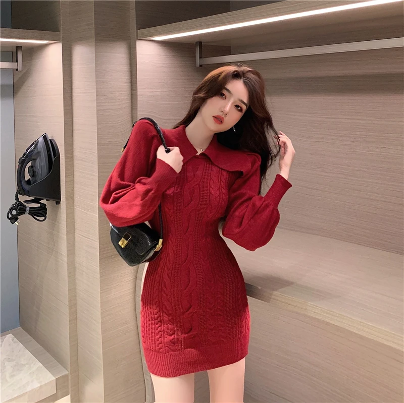

Vintage Knit Dress Women Elegant White Slim Lantern Sleeve Mini Short Dresses Patchwork Turn-down Collar Knitting Dress