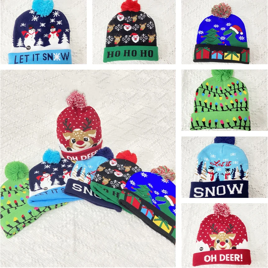 

LED Christmas Hat Sweater Knitted Beanie Christmas Light Up Knitted Hat Christmas Gift for Kids Xmas New Year 2022 Navidad 2021