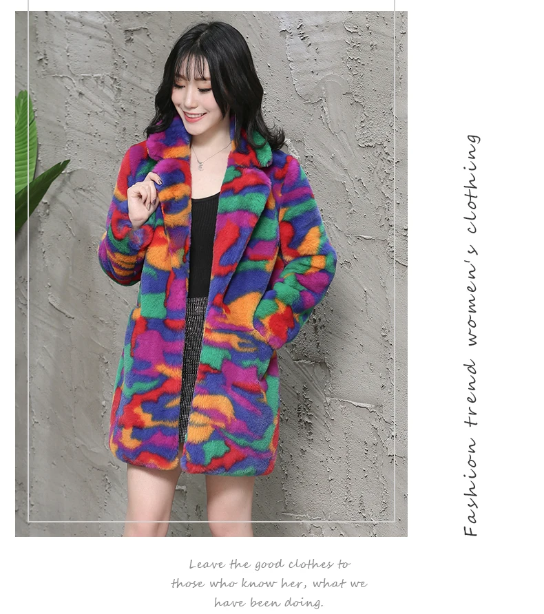 Nerazzurri multi color fluffy faux fur coat notch lapel long sleeve colorful warm soft plus size winter women faux fur jacket
