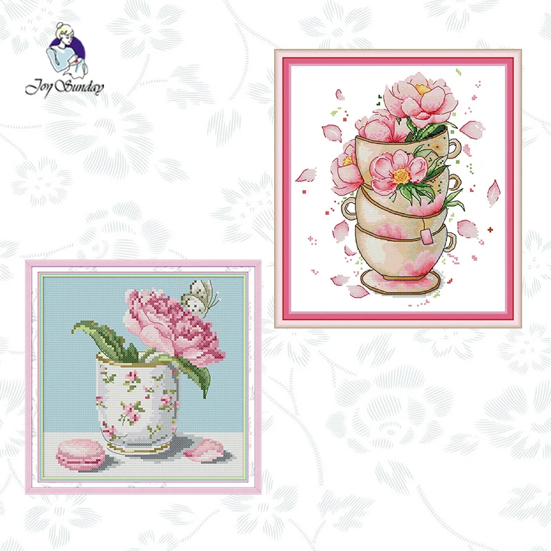

Joy Sunday Flower on coffee cup Stamped Cross Stitch Kits14CT 11CT Counted Canvas Embroidery DIY Handmade Needlework Gifts Sets