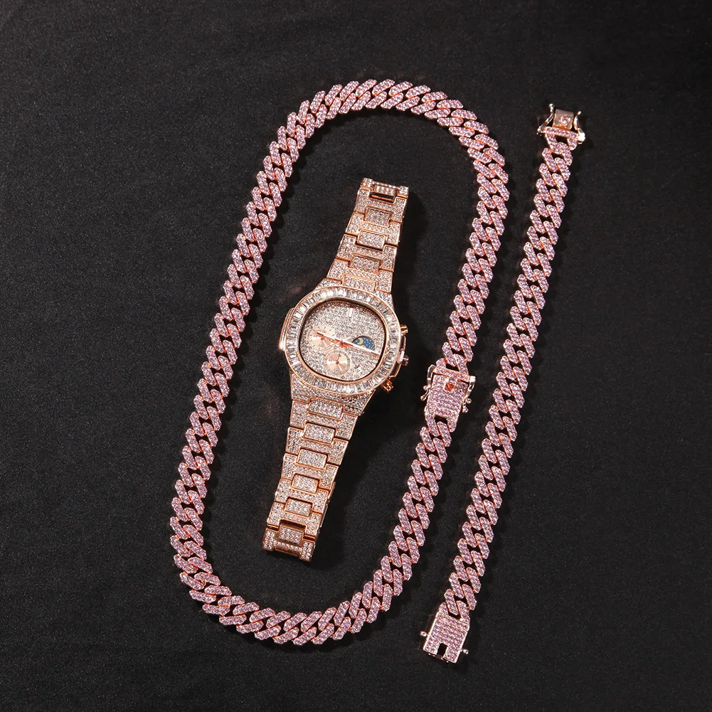 

Stainless Steel Necklace+Watch+Bracelet Bling Iced Out Paved Rhinestones CZ 3pcs Set for Men Hip Hop Jewelry