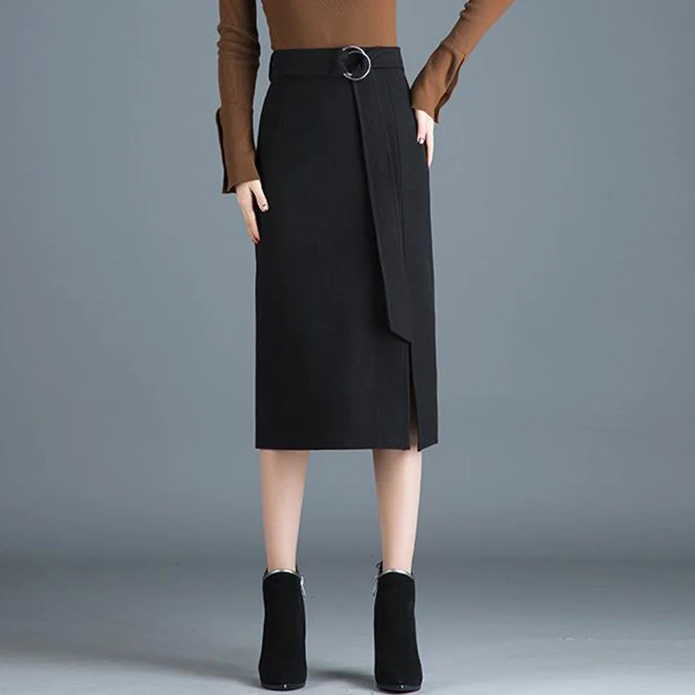 Женская прямая шерстяная юбка с высокой талией осенне зимняя черная теплая