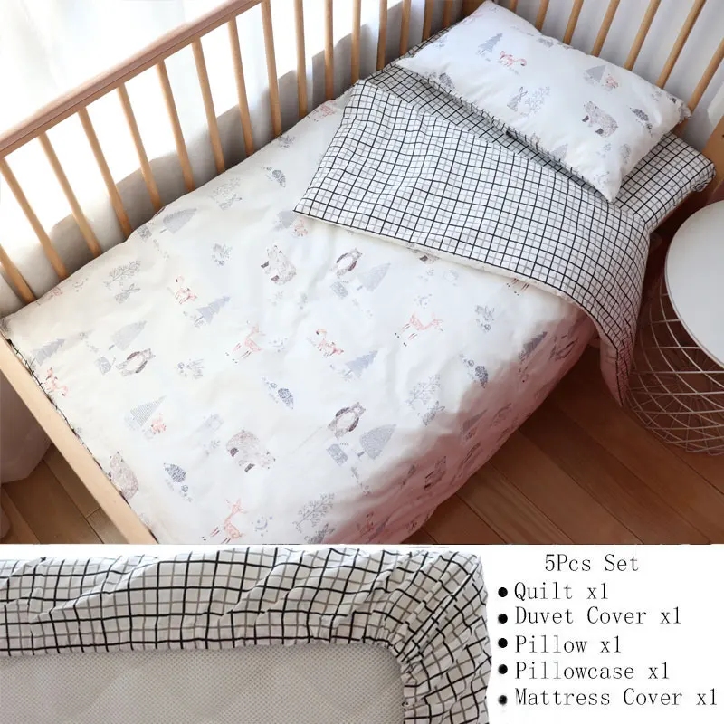 Baby Bedding Set For Boy Girl Nordic Cotton Baby Bed Linen For Newborns Kids Crib Bedding With Bumper Cot Kit Allow Custom Size - Цвет: ForestBear5Pcs Cover