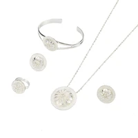 ethiopian silver color round flower pendants necklace stud earrings adjustable ring for women bridal wedding jewelry sets
