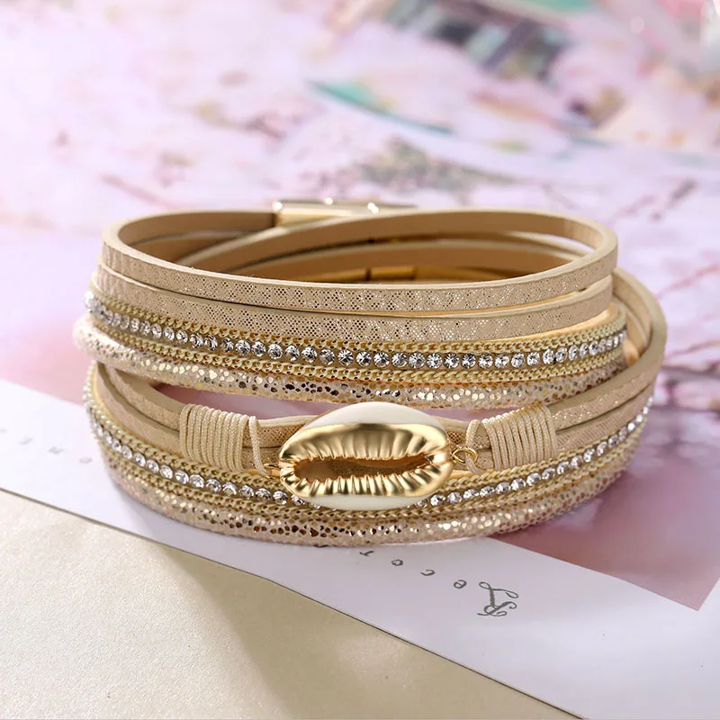 Женский Многослойный кожаный браслет FAMSHIN модный с кристаллами и жемчугом в