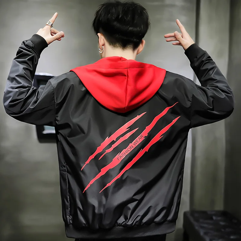 

Men jacket with a hood 2021 new spring and autumn student male coat casual zipper teenager boy Korean style black blue gray J04