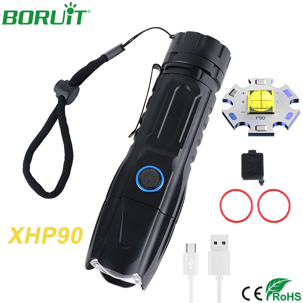 BORUiT мощный XHP90 светодиодный светильник-вспышка с возможностью масштабирования USB Перезаряжаемый фонарь светильник 26650 портативная водонепроницаемая лампа для кемпинга и ночной рыбалки