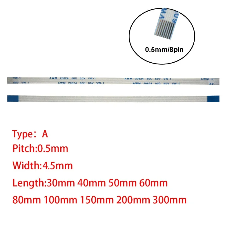 

8-контактный гибкий плоский Удлинительный кабель FPC FFC, шаг 0,5 мм, одинаковая сторона типа A, ширина 4,5 мм, 60 мм, 100 мм, 150 мм, 200 мм, длина 300 мм