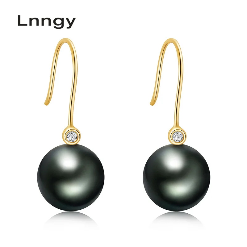 

Lnngy 18K Gold Tahiti Pearl Drop Earrings 10-11mm Black Pearl 18K Solid White/Yellow/Rose Gold Real Diamond Women Earrings