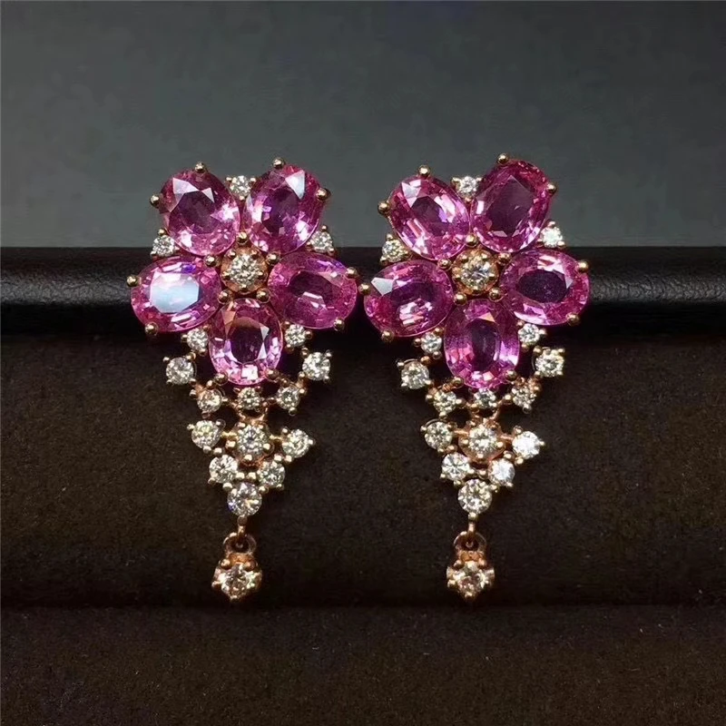 

natural pink sapphire stone earrings 925 silver Natural gemstone earring women elegant flower tassels Earrings for party gift