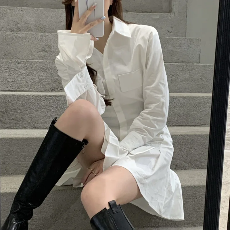

2021 New Summer White Shirt Dress Women Korean Casual Flare Sleeve Mini Dress Female Vintage Elegant Single Breasted Robe Femme