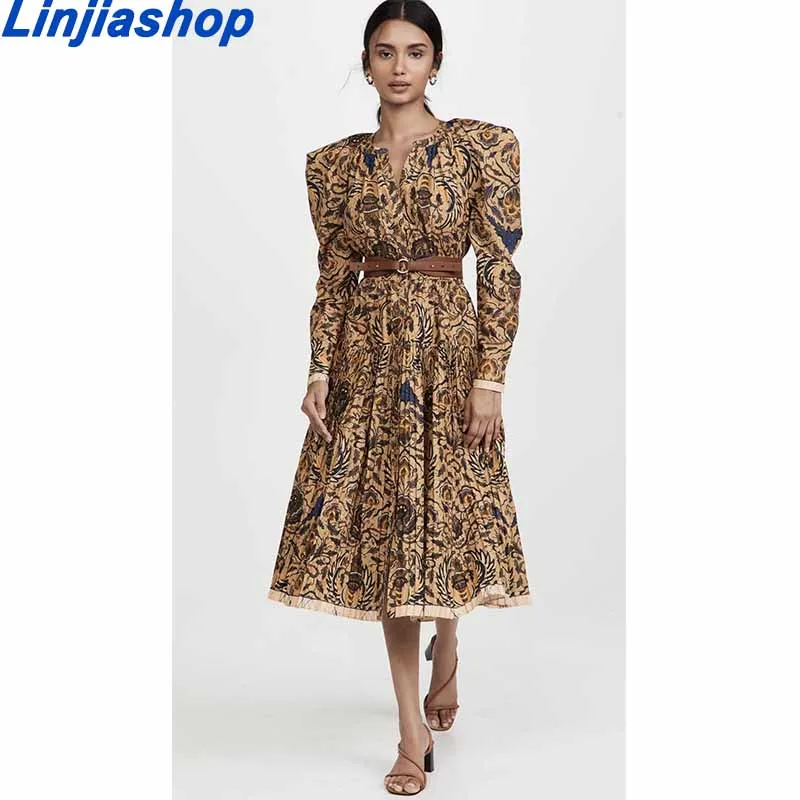 

Women Chic Fashion Paisley Print Pleated Loose Oversized Midi Dress Vintage Long Sleeve Elastic Waist Female Dresses Vestidos