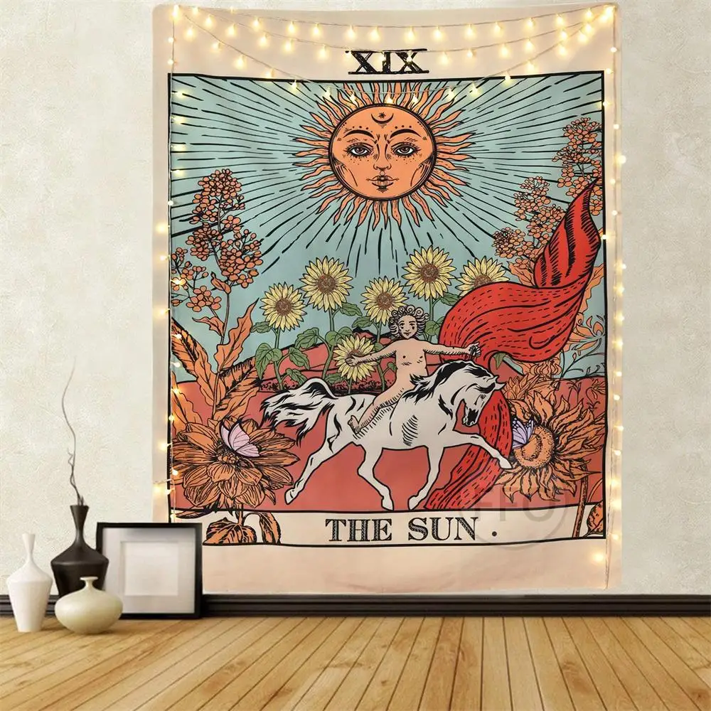 

Star Moon Tarot Cards Tapestry Baphomet Mediecal Yoga Mat Astrology Divination Tapestry Aesthetic Room Decor Wall Hanging Carpet