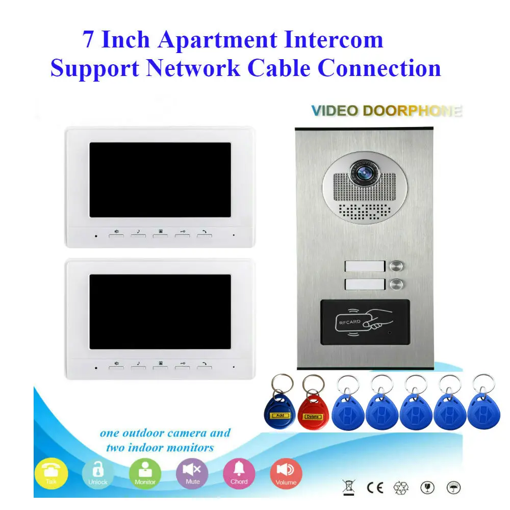 

Video Doorbell for Private House Videophones Interphone 1 to 2 Monitors Kits Option 7" Color Screen Home Door Phone