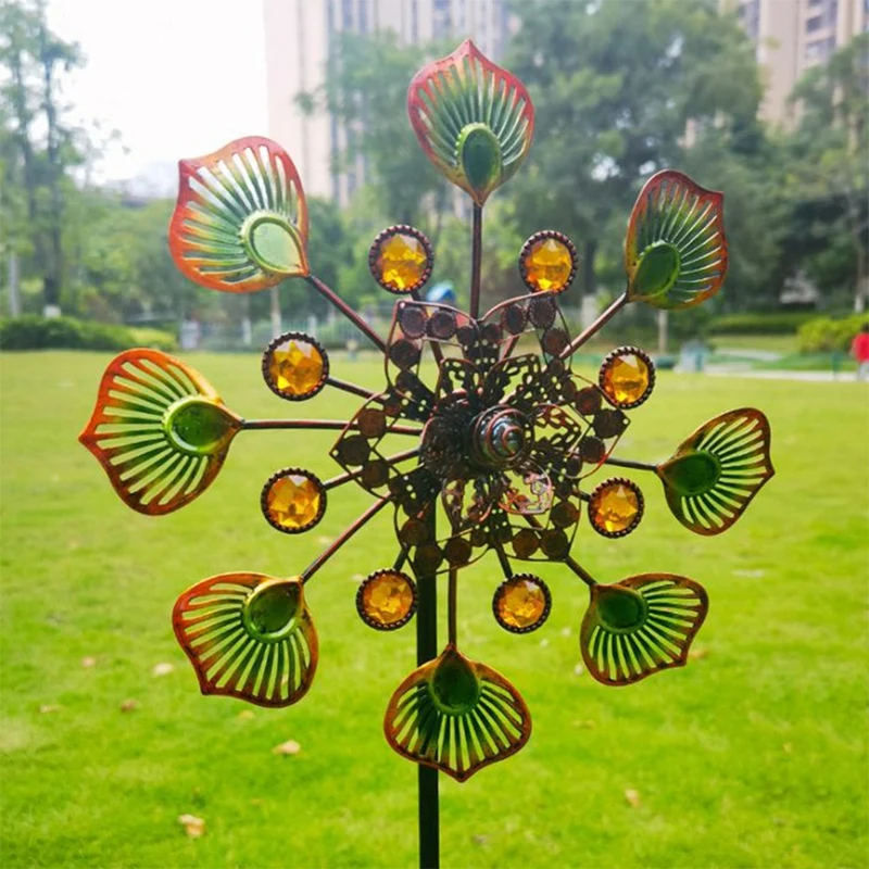 

Creative Metal Colorful Peacock Tail Windmill Hollow Wind Spinner Rotating Lawn Art Stake for Garden Backyard Land