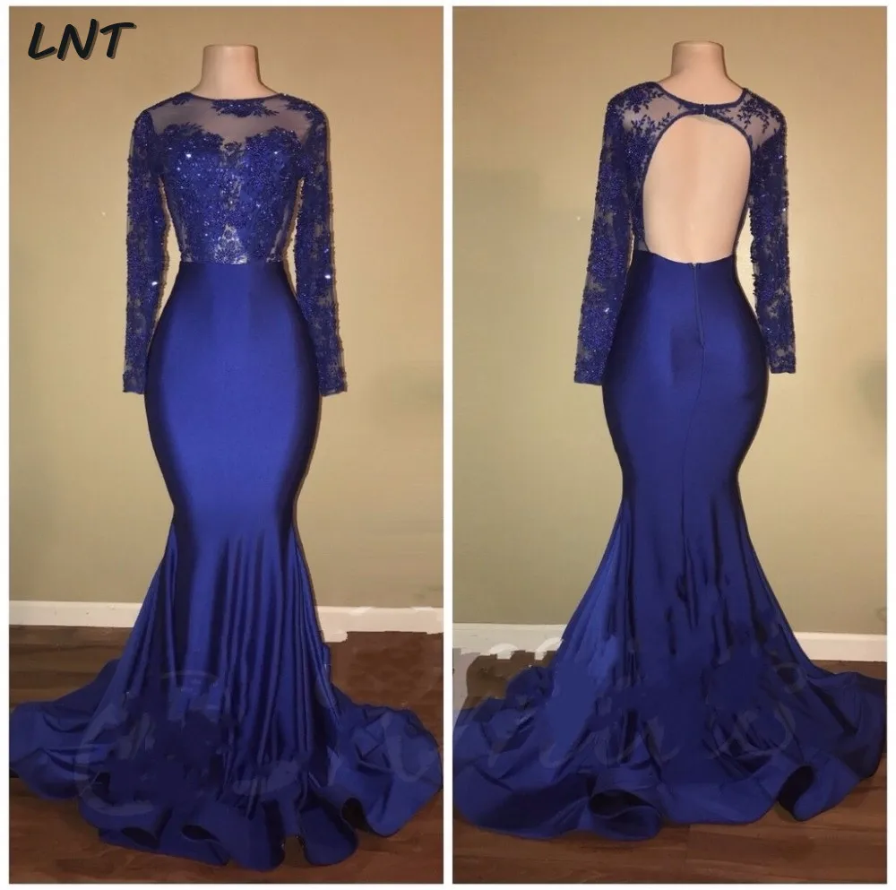 

Приталенные Выпускные платья Королевского синего цвета с открытой спиной с длинными рукавами, подходят для выпускного вечера, платья с апп...