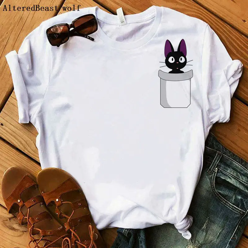 

Funny pocket Cat T Shirt Women Kawaii Tops harajuku kawaii clothes female streetwear casual short sleeve white vogue tshirt 2019
