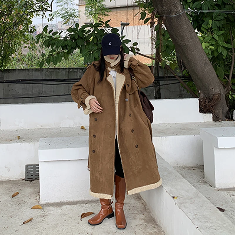 Теплое длинное пальто для женщин модное двубортное с подкладкой из овечьей