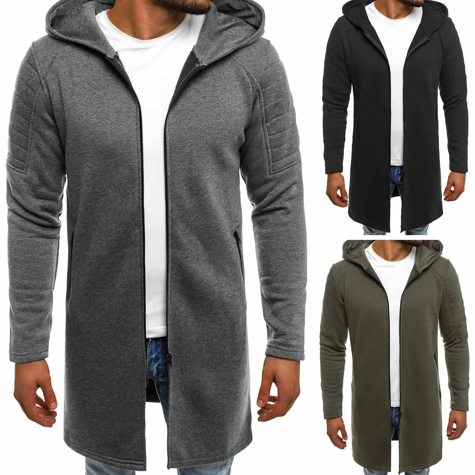 

2020 spring and autumn hooded men's jacket arm striped mid-length casual windbreaker zipper cardigan trench coat overcoat coat