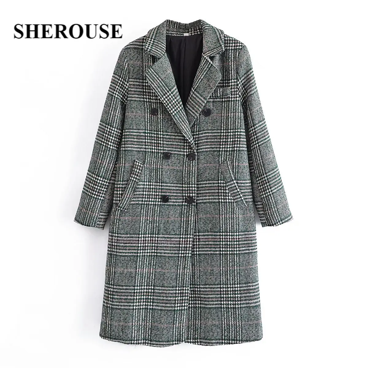 

SHEROUSE Women Casual Green Checkered Tweed Long Coat Double breasted Lapel Collar Long Sleeves Vintage Woman Winter Outwear