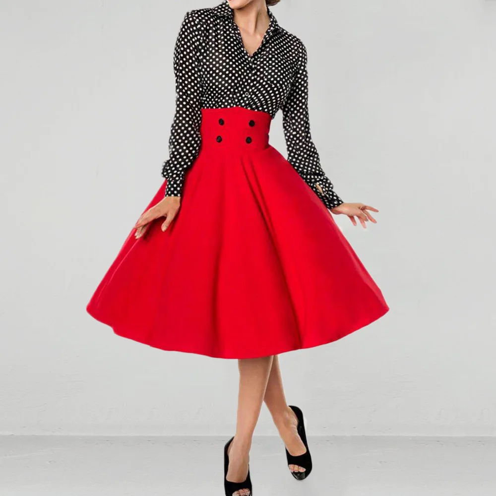 

2021 Red Vintage Clothes A Line Elegant Dress Big Swing Women Dresses Spring Autumn Patchwork Slim Party Dress Vestido De Mujer