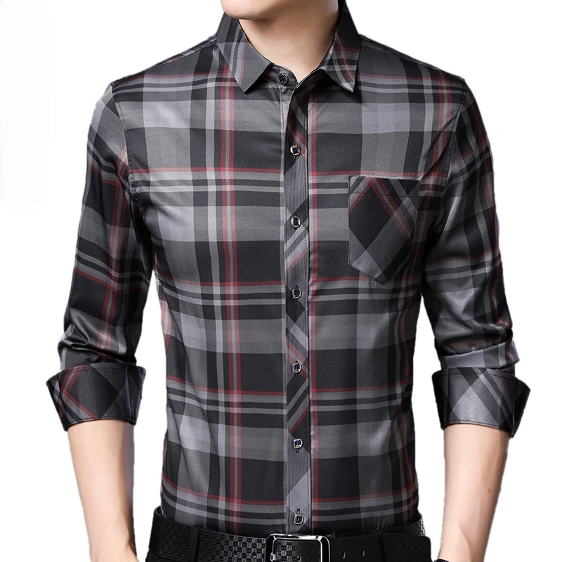 

2021 Brand Casual Pocket Plaid Long Sleeve Slim Fit Men Shirt Streetwear Social Dress Autumn Shirts Mens Fashions Jersey